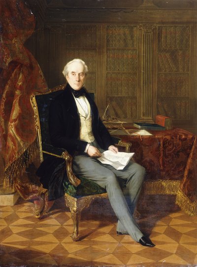 Muotokuva Henry Pelham-Clintonista, K.G., Newcastlen 4. herttua, pitelee dokumenttia käsissään tutkimuksessaan, 1850 tekijältä Henry Nelson ONeil