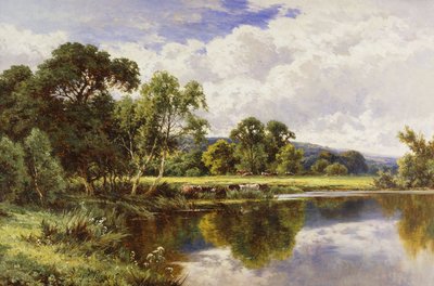 Metsäinen jokimaisema karjan kanssa, tekijältä Henry Parker
