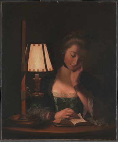 Nainen lukemassa paperikellon varjossa tekijältä Henry Robert Morland