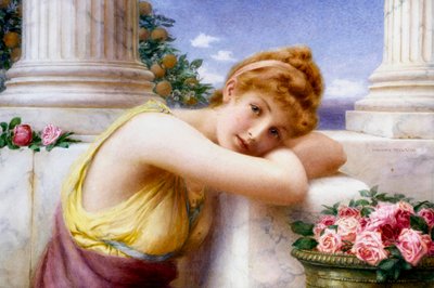 "Day-dreams" reves évees, jeune fille songeuse sur une terrasse en marbre a l