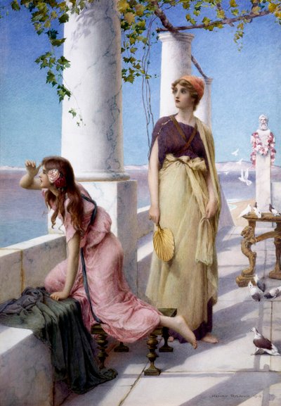 "Nuoret naiset skannaavat horisonttia antiikkityyliseltä terassiltaan. Henry Rylandin (1856-1924) maalaus 1910 Yksityiskokoelma. tekijältä Henry Ryland