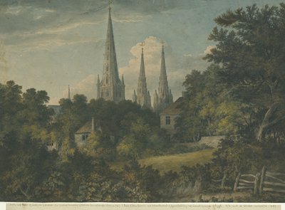Lichfieldin katedraali - Koillisnäkymä: akvarellimaalaus, 1797 tekijältä Henry Salt