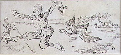 The Attacked Golfer, kuvitus Graphic-lehdestä, julkaisu n. 1870 (litografia). tekijältä Henry Sandercock