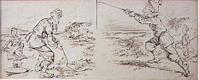 The Golfer Disturbed by a Windy Blast, kuvitus Graphic-lehdestä, pubi. noin 1870 (litho) tekijältä Henry Sandercock
