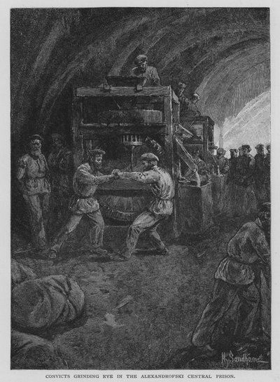 Tuomitut jauhavat ruista Alexandrofskin keskusvankilassa (litho) tekijältä Henry Sandham