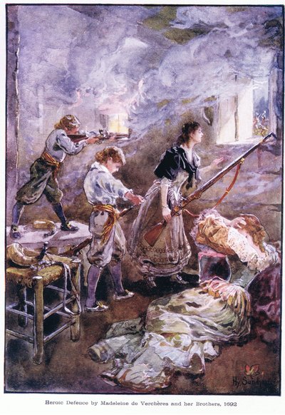 Madeleine de Vercheresin ja hänen veljiensä sankarillinen puolustus 1692, n. 1920 tekijältä Henry Sandham