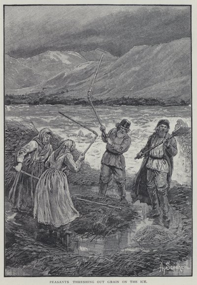 Talonpojat puimaan viljaa jäällä (litho) tekijältä Henry Sandham