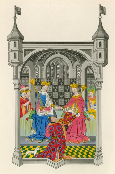 John Talbot, Earl of Shrewsbury, esittelemässä kirjansa kuningatar Margaretille, kuvitus Henry G. Bohnin julkaisusta "Mekot ja koristeet" tekijältä Henry Shaw