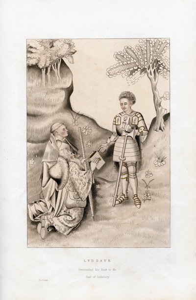 Lydgate esittelee kirjansa Earl of Salisburylle, 1426, 1843. tekijältä Henry Shaw