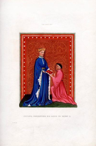 Occleve esittelemässä kirjaansa Henry V:lle, c1410, 1843. tekijältä Henry Shaw