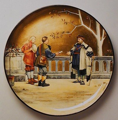 Justice, kuvitus Shakespearen teoksesta "Ihmisen seitsemän aikakautta", Mintonin Art Pottery Studion valmistama latauslevy tekijältä Henry Stacey Marks