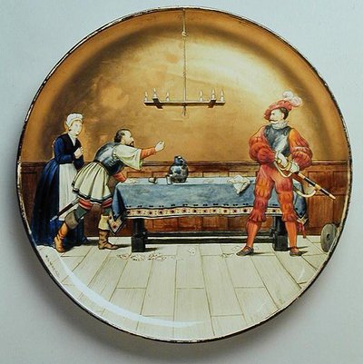 Sotilas, kuvitus Shakespearen teoksesta "Ihmisen seitsemän aikakautta", Mintonin Art Pottery Studion valmistama latauslevy tekijältä Henry Stacey Marks
