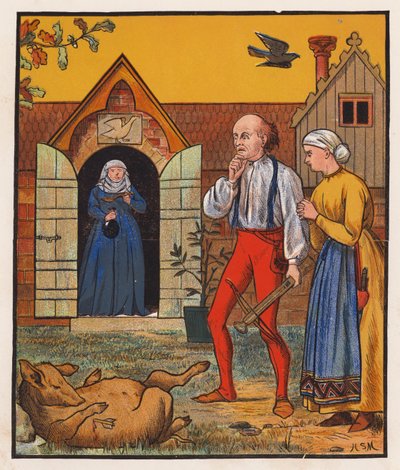 Räätäli ja varis (värilitografia) tekijältä Henry Stacy (after) Marks