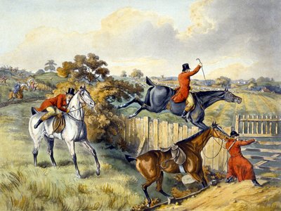 Hyppy, kirjasta "Foxhunting", kaiverrettu Thomas Sutherlandin (1785-1838) toimesta (värilitografia). tekijältä Henry Thomas (after) Alken