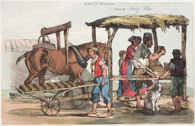 Brick Making, julkaisija Thomas Mclean Haymarketista, 1824 (värillinen etsaus) tekijältä Henry Thomas Alken