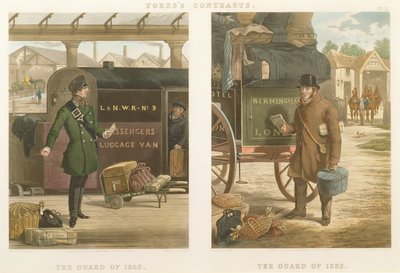 Foren kontrastit: Vuoden 1832 vartija, Vuoden 1852 vartija, kaiverrus John Harris (1811-65) 1852 (käsinvärinen akvatinta) tekijältä Henry Thomas Alken
