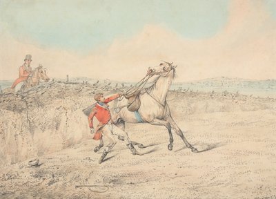 Ratsastaja pitelee kiinni harmaasta hevosesta kaatumisen jälkeen tekijältä Henry Thomas Alken