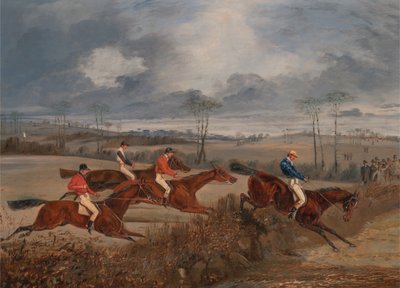Kohtauksia estejuoksusta: Taking a Hedge, n. 1845. tekijältä Henry Thomas Alken