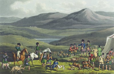 Sporting Meeting in the Highlands, akvatintoi I. Clark, pubi. kirjoittanut Thomas McLean, 1820, (akvatinta) tekijältä Henry Thomas Alken