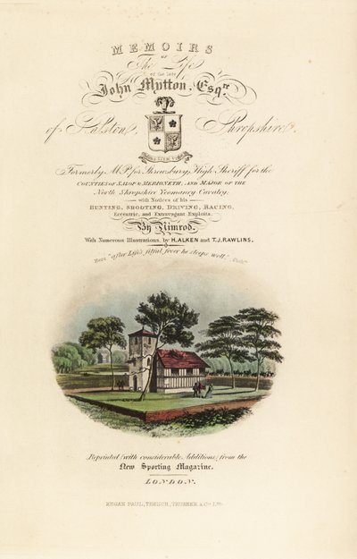 Nimisivu kalligrafisella otsikolla ja vinjetillä Englanti Tudor tekijältä Henry Thomas Alken