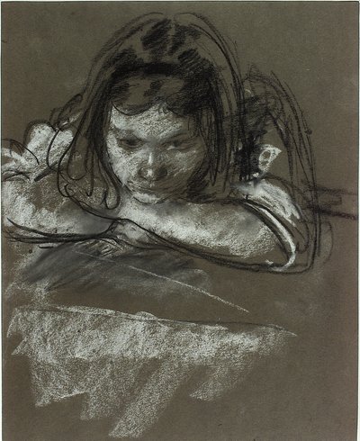 Tytön pää ja hartiat pöydässä (liitu paperille) tekijältä Henry Tonks