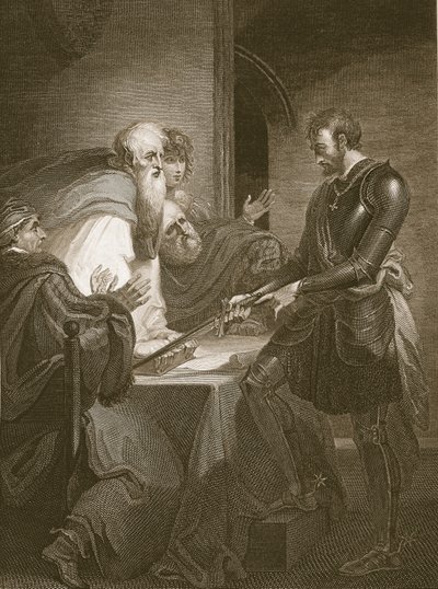 Jarmo Warenne perustelemassa omistusoikeuksiaan, kaiverrettu J. Fittlerin toimesta, kuvitus David Humen teoksesta "The History of England", julkaissut R. Bowyer, Lontoo, 1812. tekijältä Henry Tresham