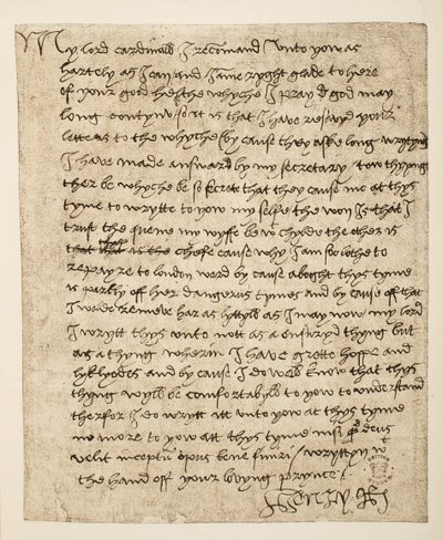 Faksiimile Henry VIII:n kirjeestä kardinaali Wolseylle, päivätty heinäkuussa 1518, pub. 1902 (kollotyyppi) tekijältä Henry VIII
