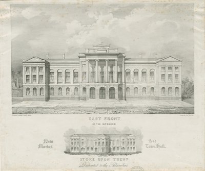 Stoke-upon-Trent - Suunniteltu uusi kauppa ja kaupungintalo: litografia, nd [c 1834] tekijältä Henry Ward