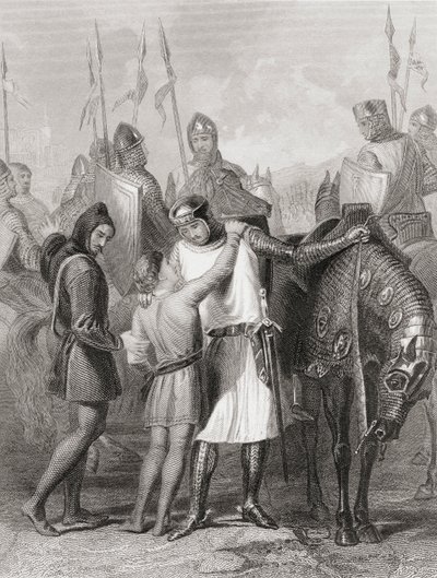 Richard, Earl of Pembroke, jättämässä lomaa veljelleen ennen lähtöään Irlantiin vuonna 1169, Thomas Wrightin "The History of Ireland", julkaistu noin 1854 tekijältä Henry Warren