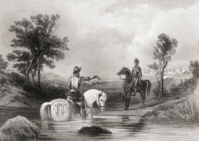 Essexin jaarlin ja Tyronen tapaaminen Louthin kreivikunnassa, Irlannissa vuonna 1599, Thomas Wrightin kirjasta "The History of Ireland", julkaistu noin 1854 tekijältä Henry Warren