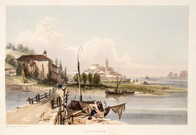 Fontarabia ja Capauchinosin luostari ja silta, teoksesta Sketches of scenery in the Basque provinces of Spain, with a selection of national music ?, pub. 1838 (käsin väritetty kaiverrus). tekijältä Henry Wilkinson