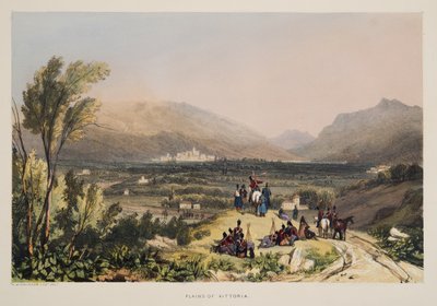 Vitorian tasangot ja kaupunki, teoksesta Sketches of scenery in the Basque provinces of Spain, with a selection of national music ?, pub. 1838 (käsin väritetty kaiverrus). tekijältä Henry Wilkinson