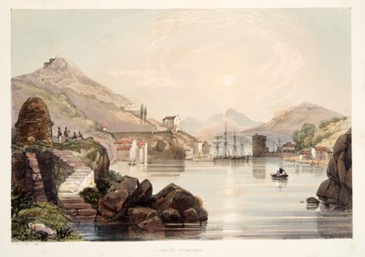 Port of Passages, teoksesta Sketches of scenery in the Basque provinces of Spain, with a selection of national music ?, pub. 1838 (käsin väritetty kaiverrus). tekijältä Henry Wilkinson