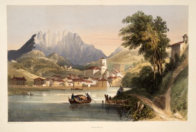 Renteria, teoksesta Sketches of scenery in the Basque provinces of Spain, with a selection of national music ?, pub. 1838 (käsin väritetty kaiverrus). tekijältä Henry Wilkinson