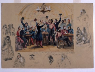 Kohtaus Cafe du Commerce Valettassa, "Mourir pour la patrie", Malta, 1854 (wc ja kynä paperilla) tekijältä Henry Wilkinson