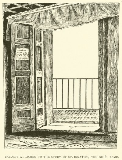 Pyhän Ignatiuksen työhuoneen parveke, Gesu, Rooma (kaiverrus). tekijältä Henry William Brewer
