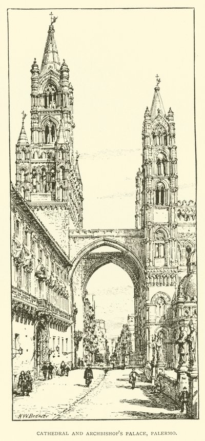 Katedraali ja Arkkipiispan palatsi, Palermo (kaiverrus) tekijältä Henry William Brewer