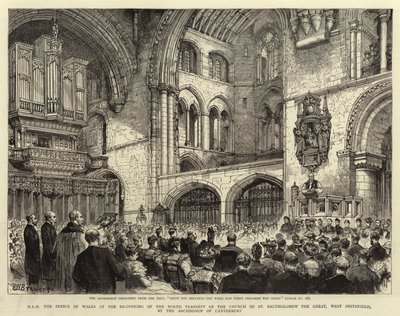 H R H Walesin prinssi, kun Canterburyn arkkipiispa avasi uudelleen Pyhän Bartholomew Suuren kirkon pohjoisen risteyksen West Smithfieldissä tekijältä Henry William Brewer