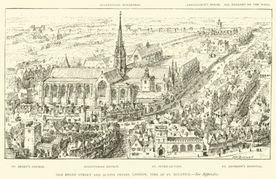 Old Broad Street ja Austin Friars, Lontoo, St Ignatiuksen aika (kaiverrus) tekijältä Henry William Brewer