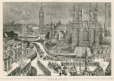 Hänen Majesteettinsa kuningattaren juhlapäivä - kuningattaren vaunujen saapuminen Westminster Abbeyyn tekijältä Henry William Brewer