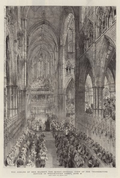 Hänen Majesteettinsa kuningattaren juhlapäivä, yleinen näkymä kiitospäivän jumalanpalveluksesta Westminster Abbeyssa, 21. kesäkuuta tekijältä Henry William Brewer