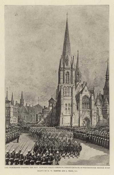 Kulkue ohittaa Reverend Newman Hallin kirkon (Christ Church) Westminster Bridge Roadilla tekijältä Henry William Brewer