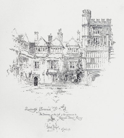 Brasenose College, Oxford, joka näyttää sisäänkäynnin englantilaisen papin ja kirjailijan Reginald Heberin huoneisiin (litho) tekijältä Herbert (after) Railton