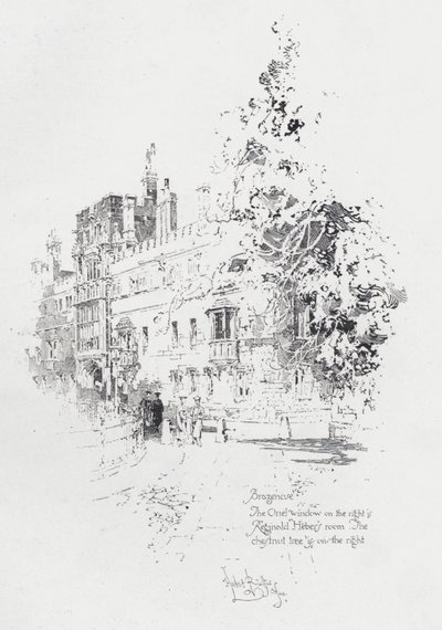 Brasenose College, Oxford, näyttää englantilaisen papin ja kirjailijan Reginald Heberin huoneen (litho) tekijältä Herbert (after) Railton