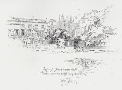 Englantilaisen taidekriitikon John Ruskinin huoneet Corpus Christi Collegessa, Oxfordissa (litho) tekijältä Herbert (after) Railton