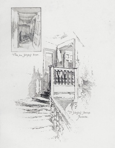 Englantilaisen kirjailijan Samuel Johnsonin huone ja portaat, Pembroke College, Oxford (litho) tekijältä Herbert (after) Railton