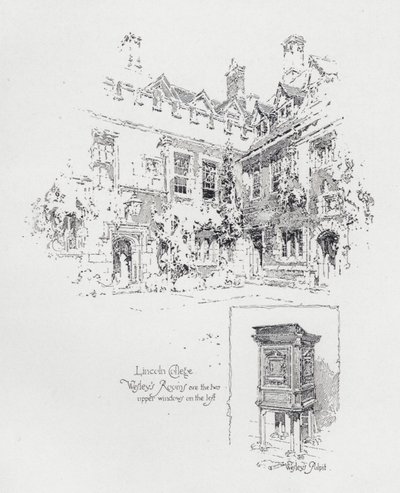 Englantilaisen metodistisaarnaajan John Wesleyn käyttämä saarnatuoli ja hänen huoneet Lincoln Collegessa, Oxfordissa (litho) tekijältä Herbert (after) Railton