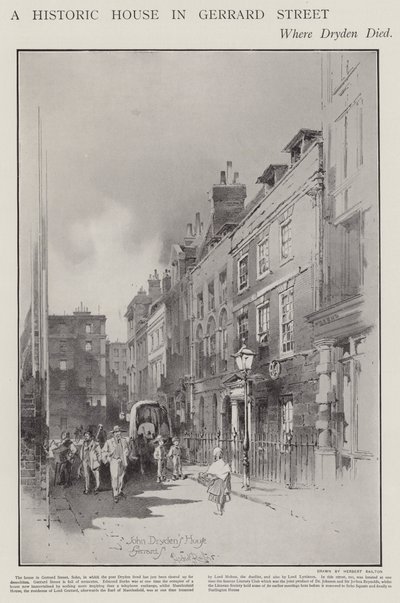 Talo Gerrard Streetillä Lontoossa, jossa runoilija John Dryden kuoli vuonna 1700 (litho) tekijältä Herbert (after) Railton