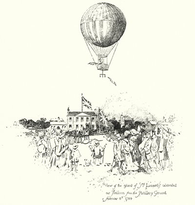 Näkymä herra Lunardin Celebrated Air Balloonin noususta tykistökentältä tekijältä Herbert (after) Railton
