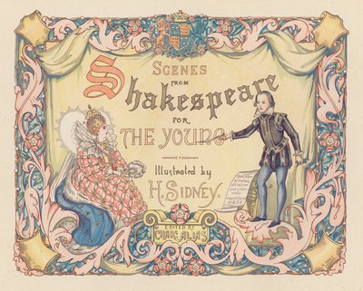 Otsikkosivun kuvitus: Scenes from Shakespeare for the Young (värilitografia). tekijältä Herbert (after) Sidney